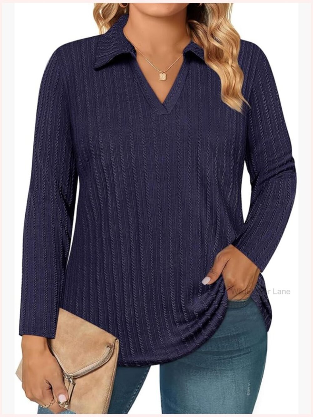 Plus Size Long Sleeve V Neck Polo Shirts for Women Knit Tops